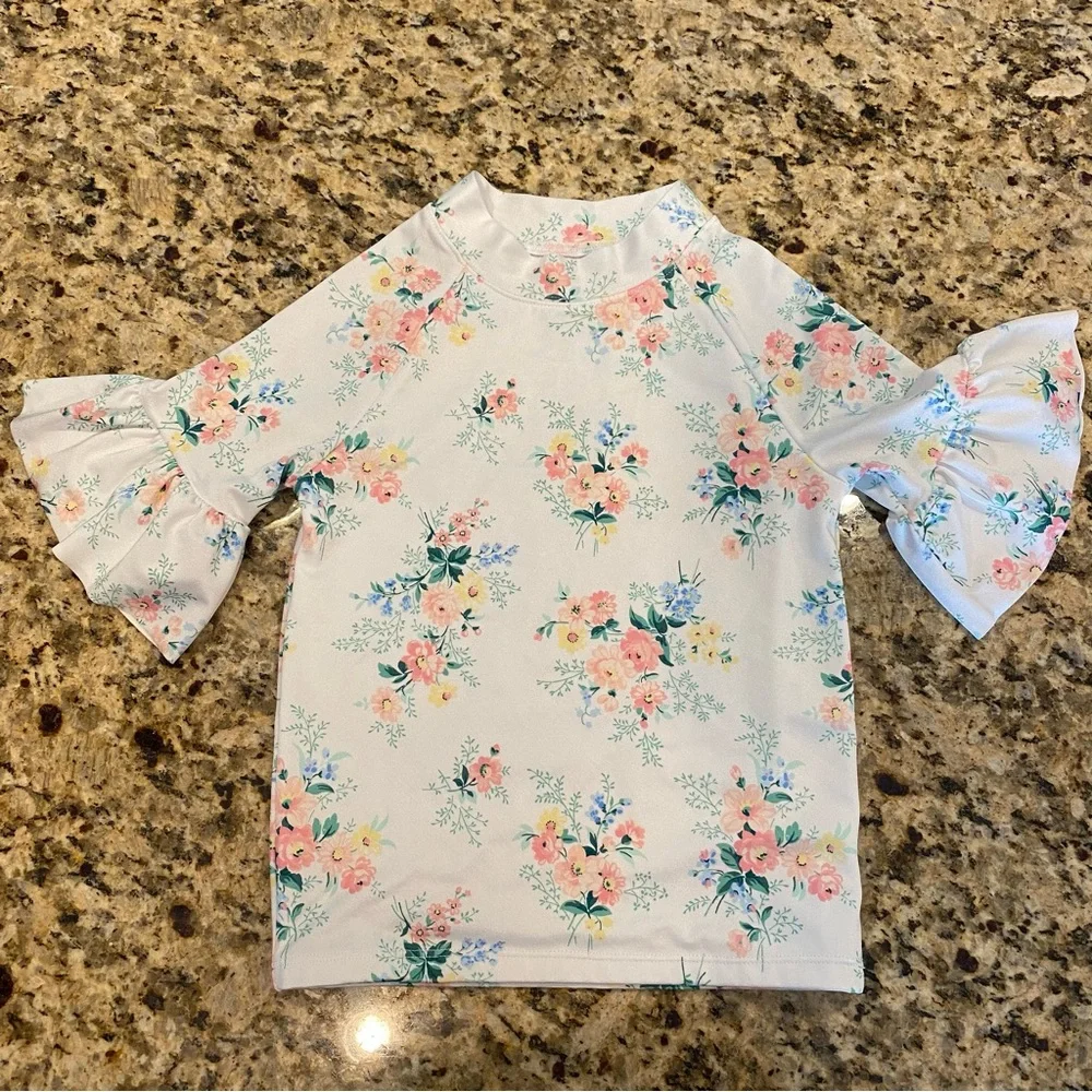 Janie And Jack Girls Floral Ruffle Sleeve Rash Guard Swim Top Size 10 White Pink